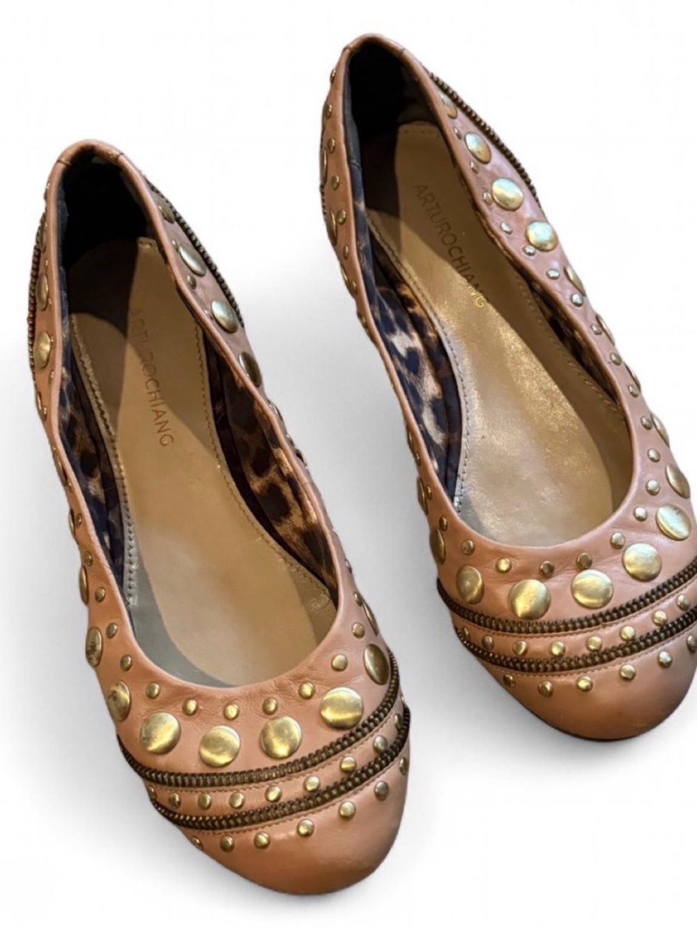 Arturo Chiang Tan Studded Leather Ballet Flats Sz 8.5